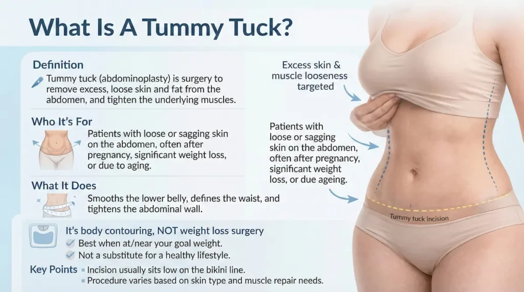 What is Tummy Tuck (Abdominoplasty)? infographic explaining definition, who it’s for, benefits, and incision line.