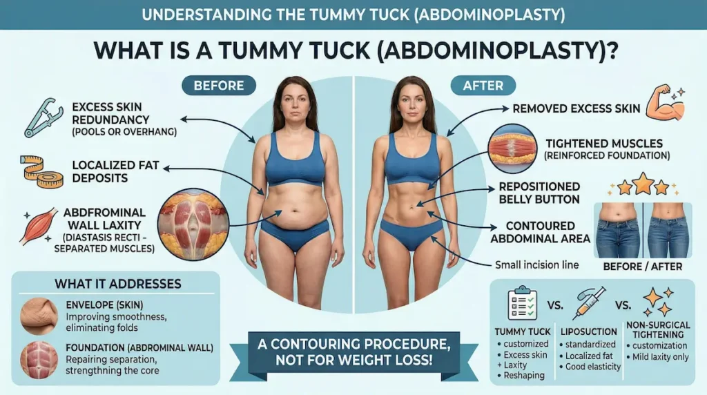 What is a tummy tuck (abdominoplasty) infographic showing before/after results, excess skin removal, muscle tightening, and belly button repositioning.
