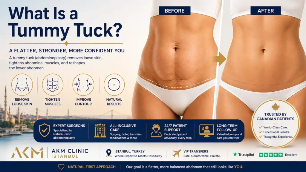 Tummy tuck before and after infographic showing loose skin removal, abdominal muscle tightening, improved contour, and natural-looking results at AKM Clinic Istanbul.
