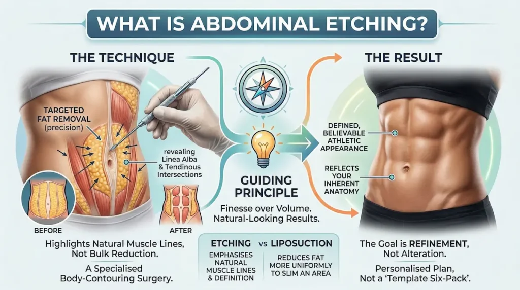 Abdominal Etching infographic showing targeted fat removal, muscle-line definition, and technique vs liposuction.