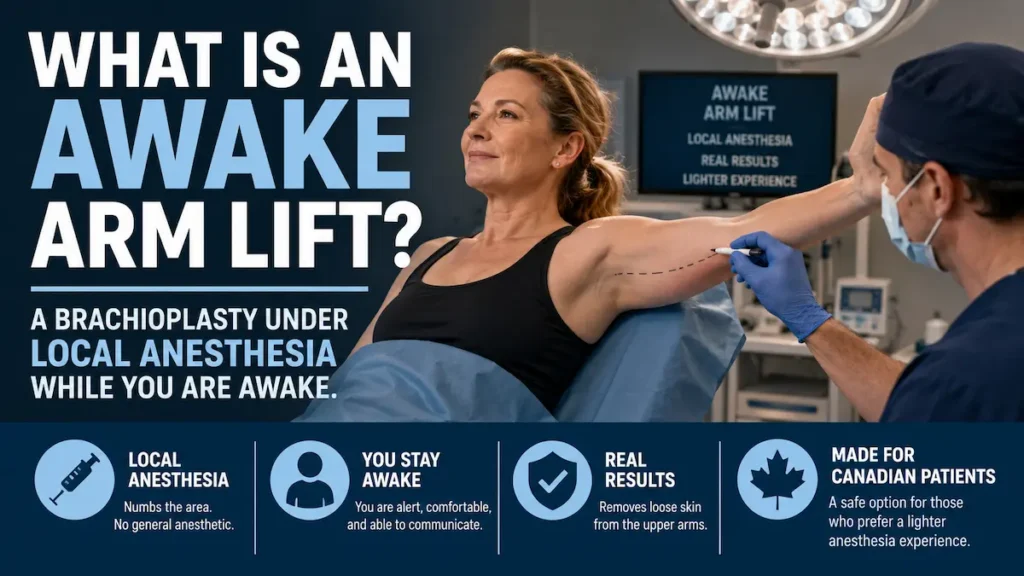 What Is an Awake Arm Lift infographic showing brachioplasty under local anesthesia for Canadian patients.