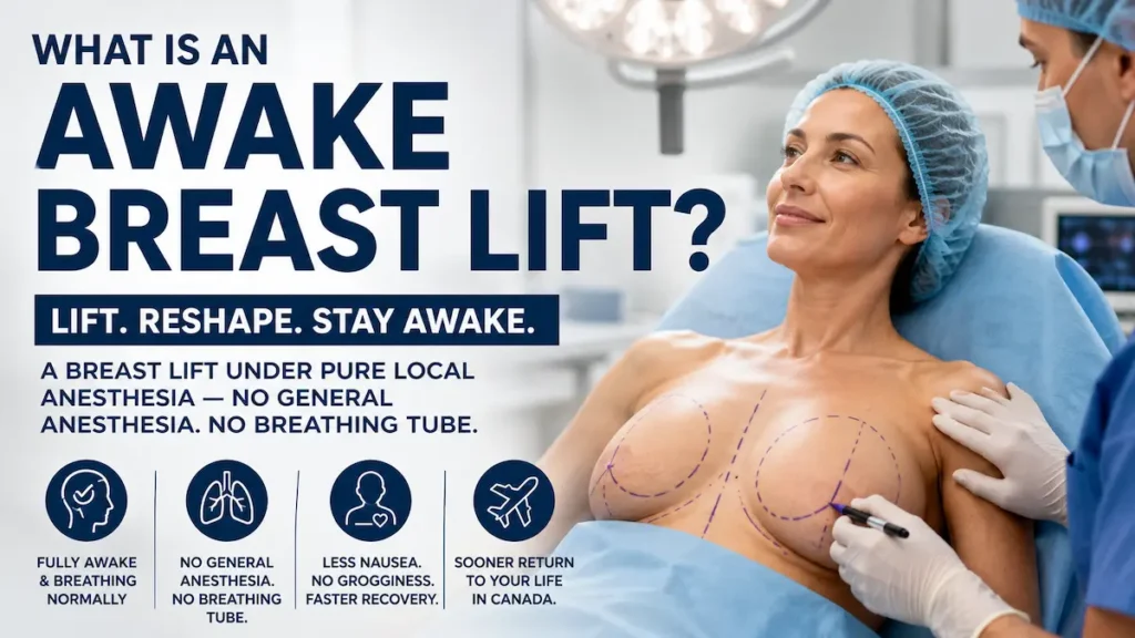 Awake breast lift patient in a surgical setting with breast markings, showing pure local anesthesia planning without general anesthesia.