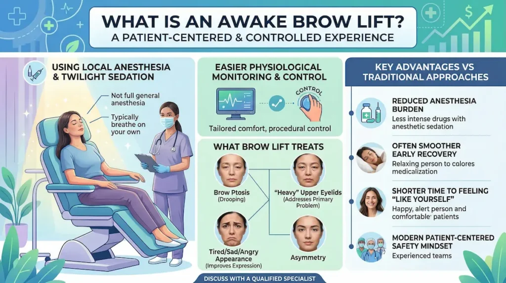 Infographic explaining an awake brow lift using local anesthesia and twilight sedation, showing benefits, monitoring, and conditions treated.