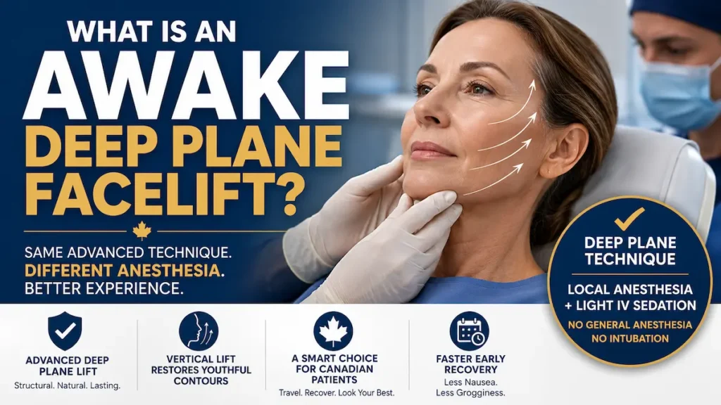 Awake deep plane facelift explained with local anesthesia and light IV sedation for Canadian patients.