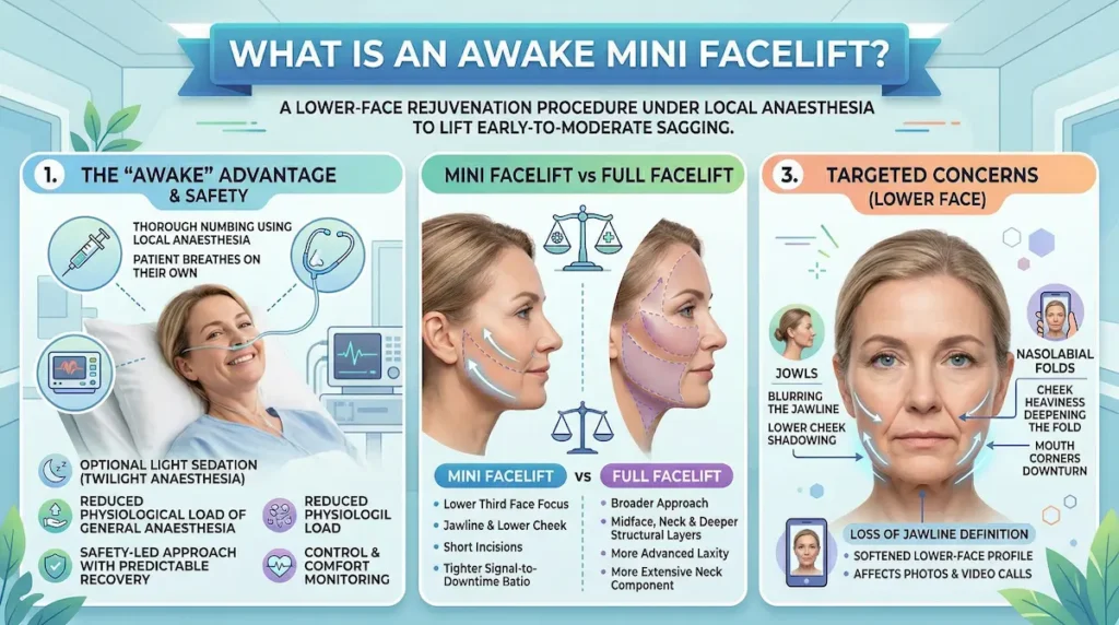 Infographic explaining the awake mini facelift under local anaesthesia, comparing mini vs full facelift and targeted lower-face concerns.