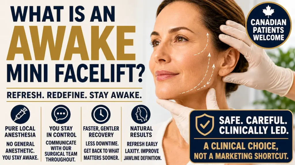Awake Mini Facelift explained with local anesthesia, natural jawline results, and Canadian patient safety messaging.