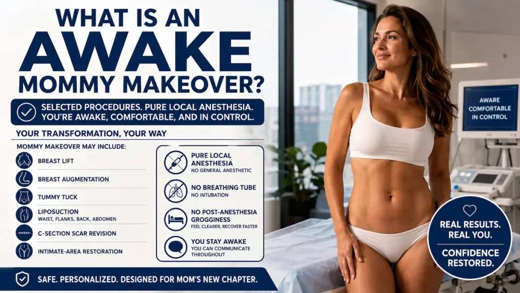 Awake Mommy Makeover infographic explaining pure local anesthesia, selected procedures, and postpartum body restoration.
