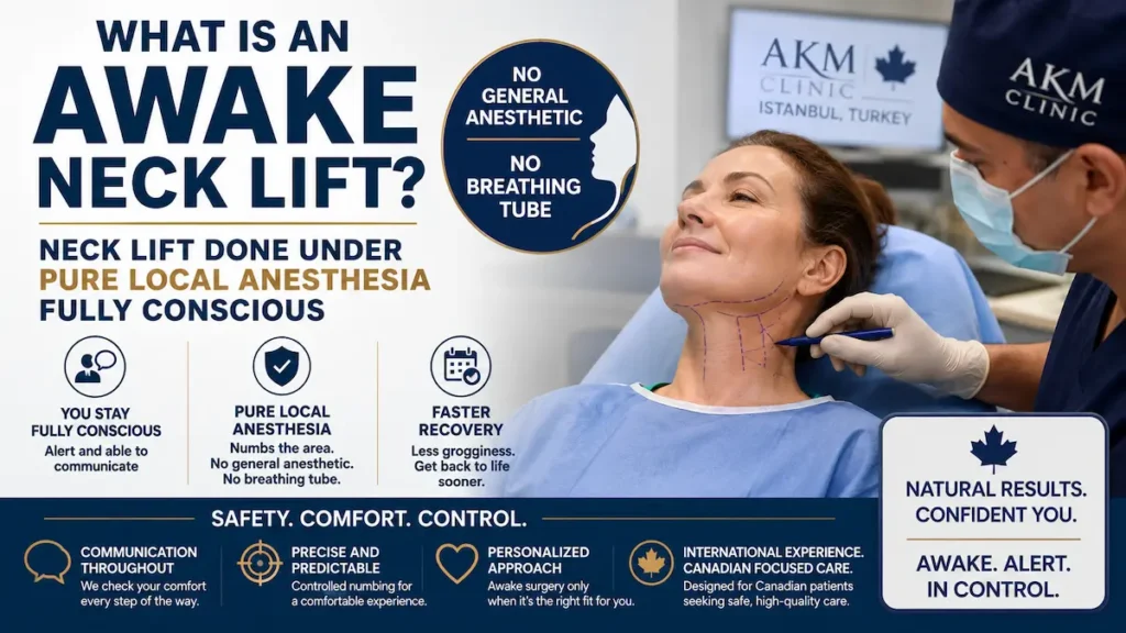 Awake neck lift procedure under pure local anesthesia showing a conscious patient with surgical neck markings and AKM Clinic medical team guidance.