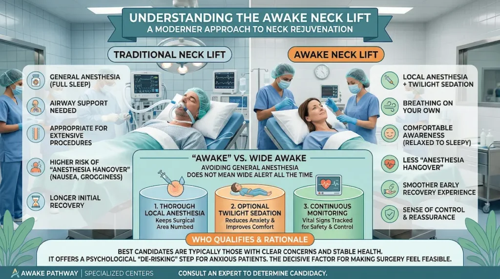 Awake neck lift infographic comparing local anesthesia + twilight sedation vs general anesthesia for neck rejuvenation.