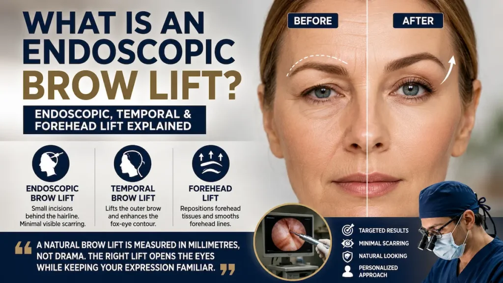 Endoscopic brow lift diagram showing before and after brow elevation, temporal lift, and forehead lift techniques.