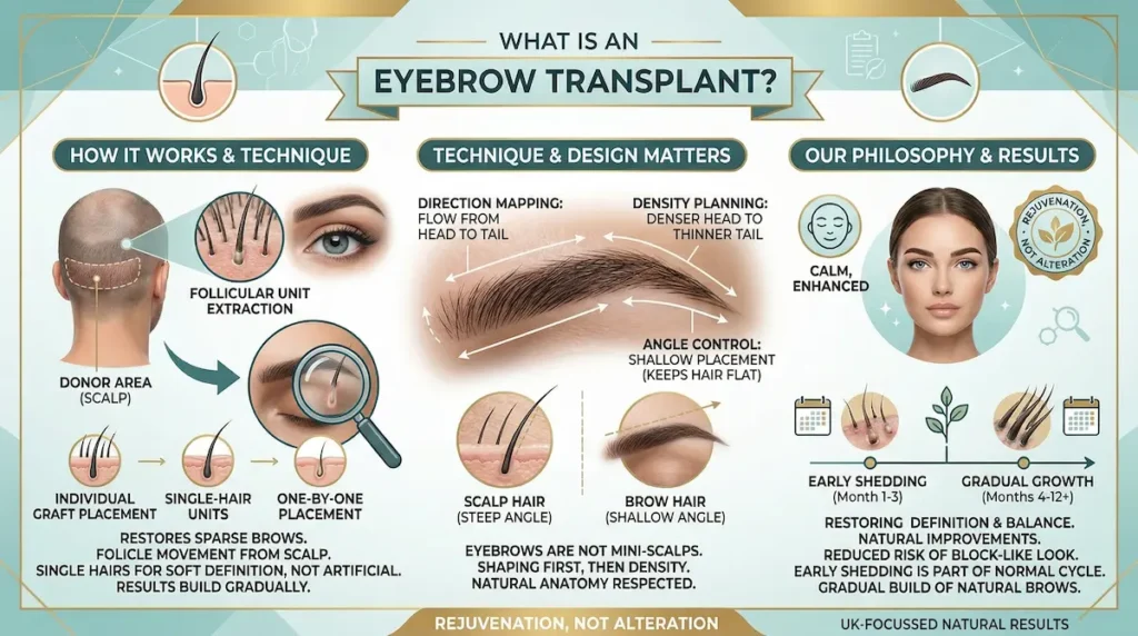 Eyebrow Transplant infographic showing donor hair extraction, single-hair graft placement, brow mapping, angle control and recovery timeline