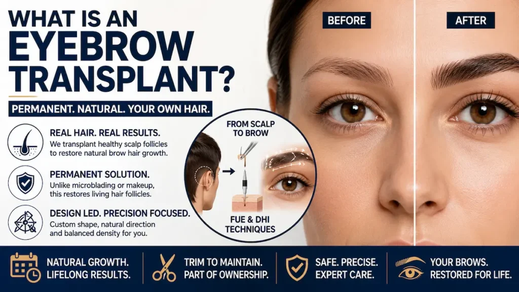FUE and DHI eyebrow transplant infographic showing scalp-to-brow follicle transfer and natural brow restoration