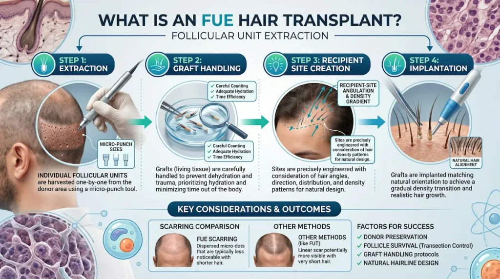Infographic showing what is an FUE hair transplant: extraction, graft handling, recipient-site creation, and implantation.