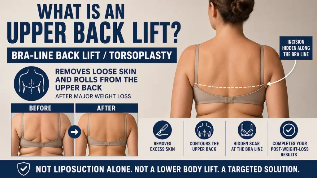 Upper back lift infographic showing bra-line back lift incision placement and loose skin removal after major weight loss