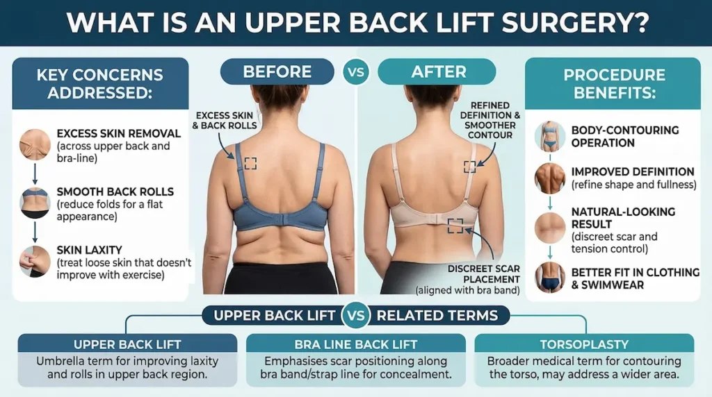 Upper Back Lift surgery infographic showing before-and-after bra-line contour, discreet scar placement, key concerns and benefits.