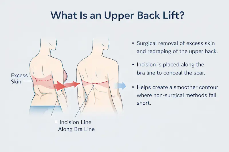 Upper Back Lift infographic explaining excess skin removal, bra-line incision placement, and smoother upper back contour.
