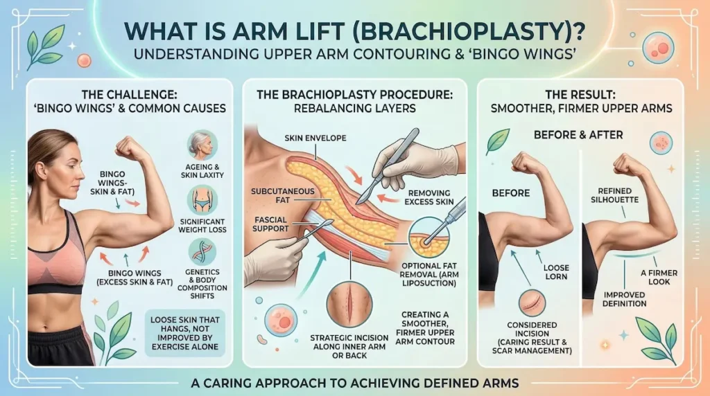 Arm Lift (Brachioplasty) infographic explaining bingo wings causes, upper arm anatomy layers, and before-and-after contour improvement.