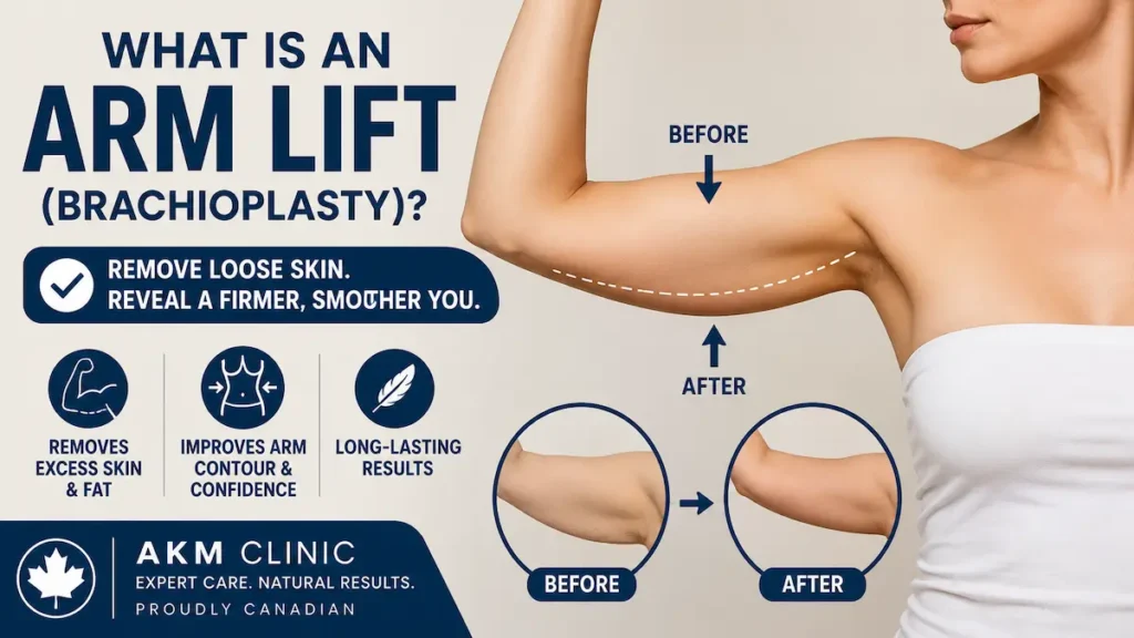 Arm lift (brachioplasty) infographic showing excess upper-arm skin removal and smoother arm contour for Canadian patients.