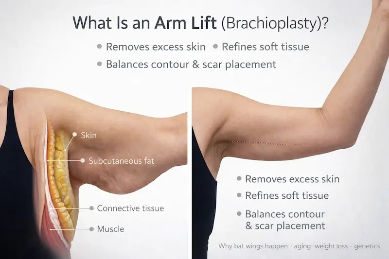 Arm Lift (Brachioplasty) infographic showing upper-arm anatomy layers, excess skin removal, soft tissue refinement, and planned scar placement.