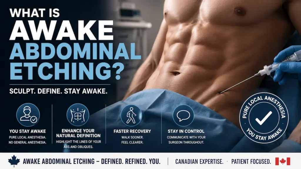 What Is Awake Abdominal Etching infographic showing pure local anesthesia, natural abdominal definition, and faster recovery for Canadian patients.