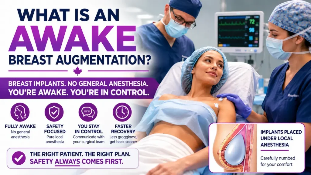Awake Breast Augmentation patient under local anesthesia with surgical team explaining breast implants and faster recovery.