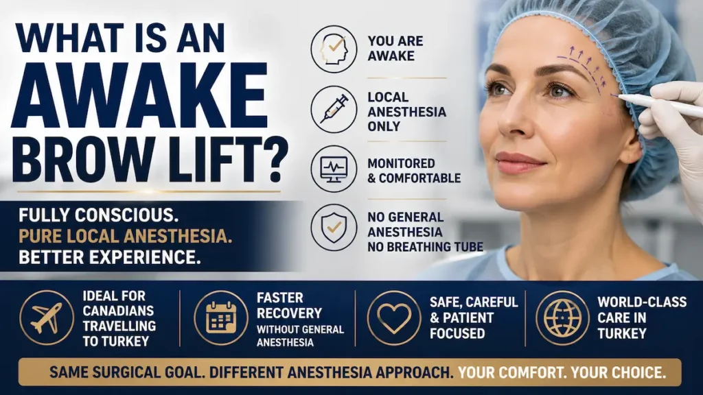 Awake brow lift infographic showing a woman prepared for brow lift surgery under pure local anesthesia, fully conscious and monitored without general anesthesia.