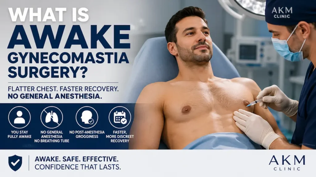 Awake gynecomastia surgery patient receiving local anesthesia for male chest correction at AKM Clinic.