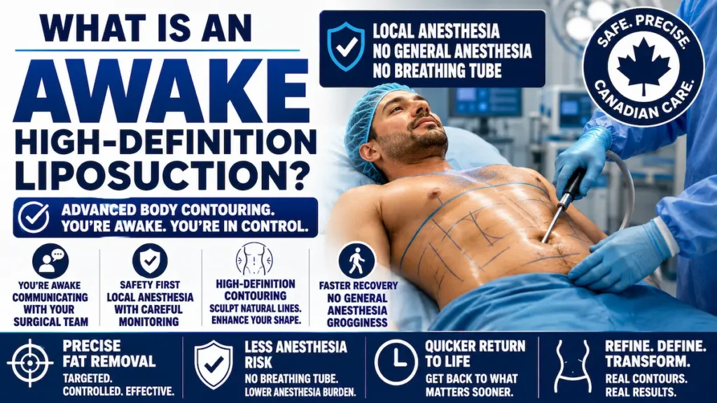 Awake High-Definition Liposuction infographic showing local anesthesia, no general anesthesia, no breathing tube, and Canadian patient safety benefits.