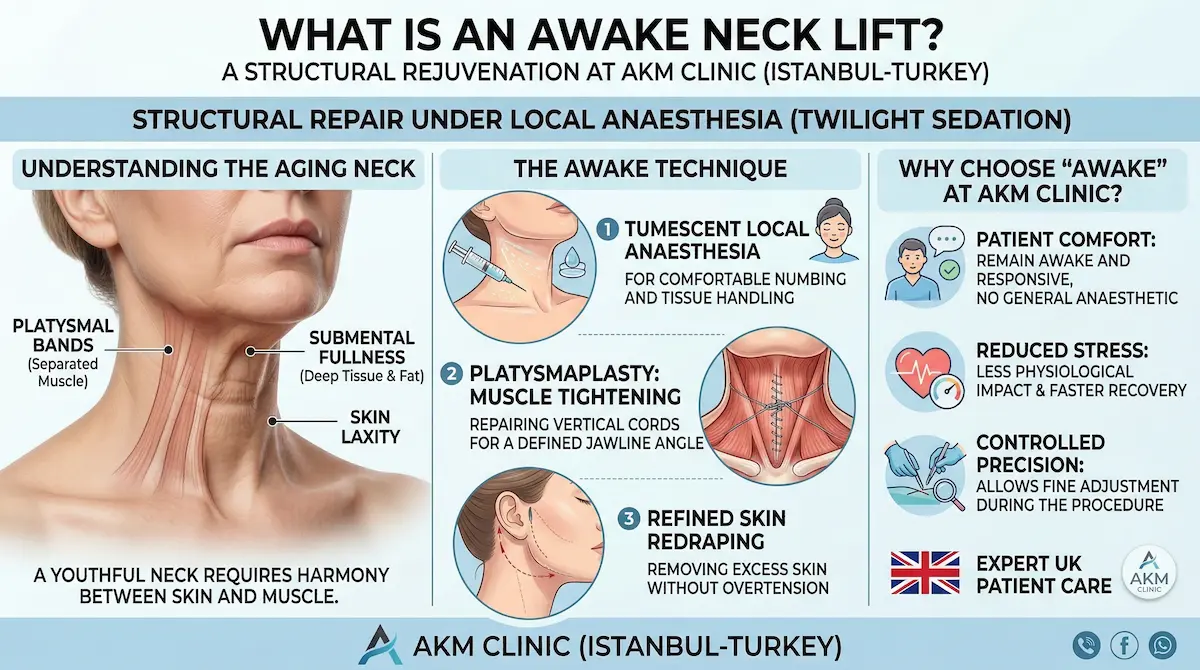 Awake neck lift infographic: platysmal bands, tumescent local anaesthesia and platysmaplasty steps