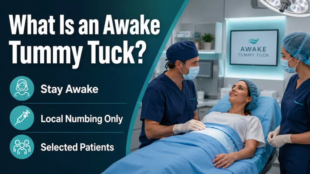 Awake tummy tuck procedure explained with local anesthesia only for selected patients at AKM Clinic in Istanbul.