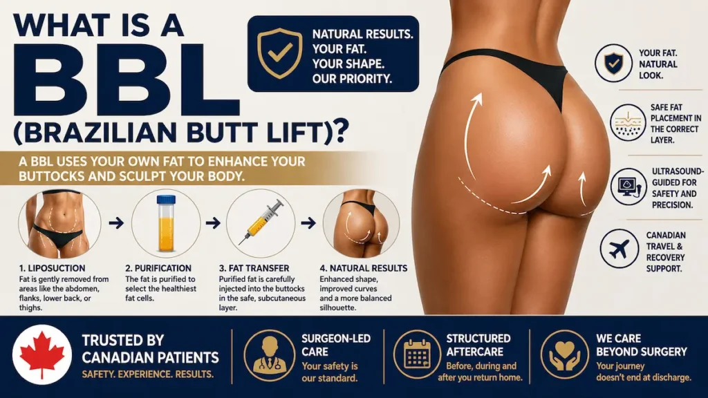 BBL (Brazilian Butt Lift) infographic showing fat removal, purification, and safe fat transfer for Canadian patients.