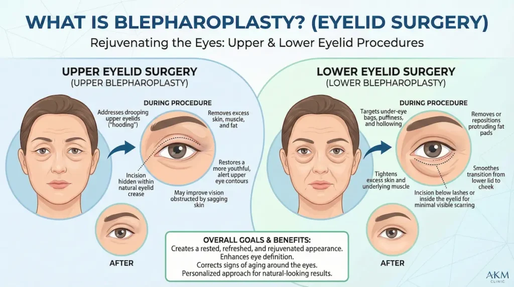Blepharoplasty surgery infographic showing upper and lower eyelid procedures, incision placement, and refreshed results.