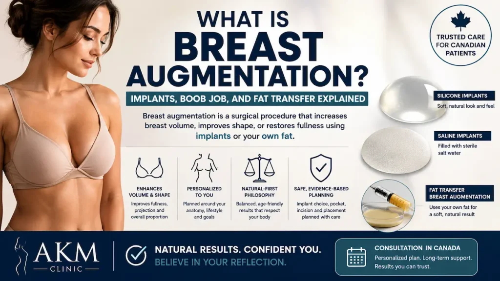 Breast augmentation infographic for Canadian patients explaining implants, boob job options, and fat transfer at AKM Clinic.