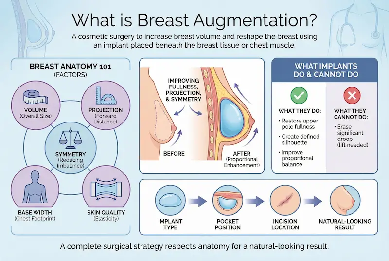 Breast Augmentation infographic: implant under tissue/muscle; key factors—volume, projection, base width, skin quality, symmetry.