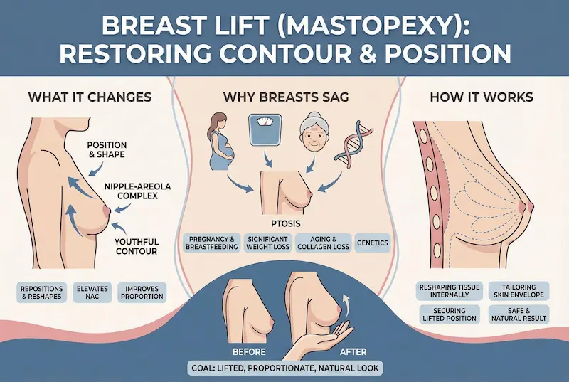 Breast Lift (Mastopexy) infographic explaining what it changes, why breasts sag, and how it works.