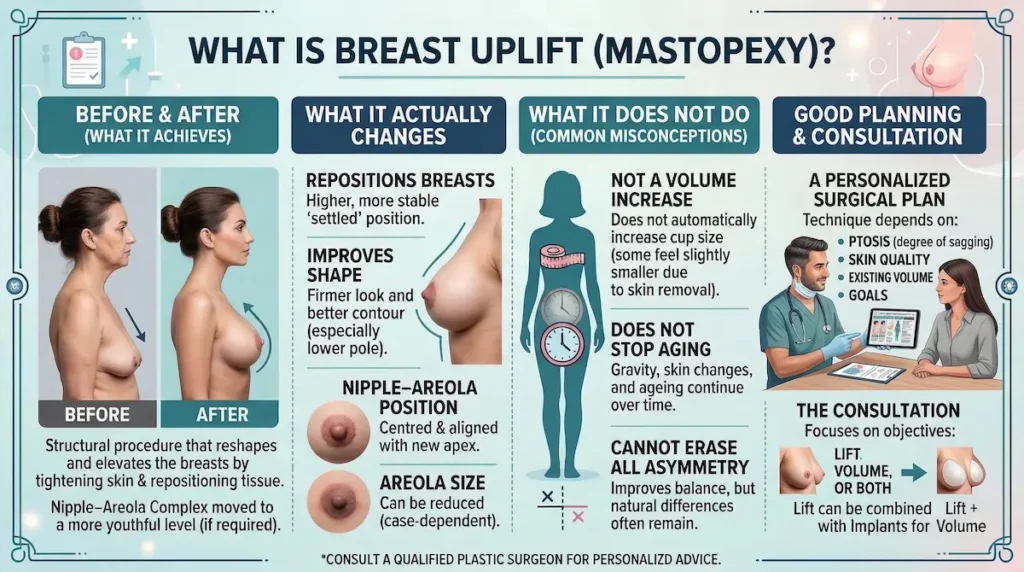 Breast Uplift (Mastopexy) infographic showing before-and-after aims, key changes, misconceptions, and personalised consultation planning.