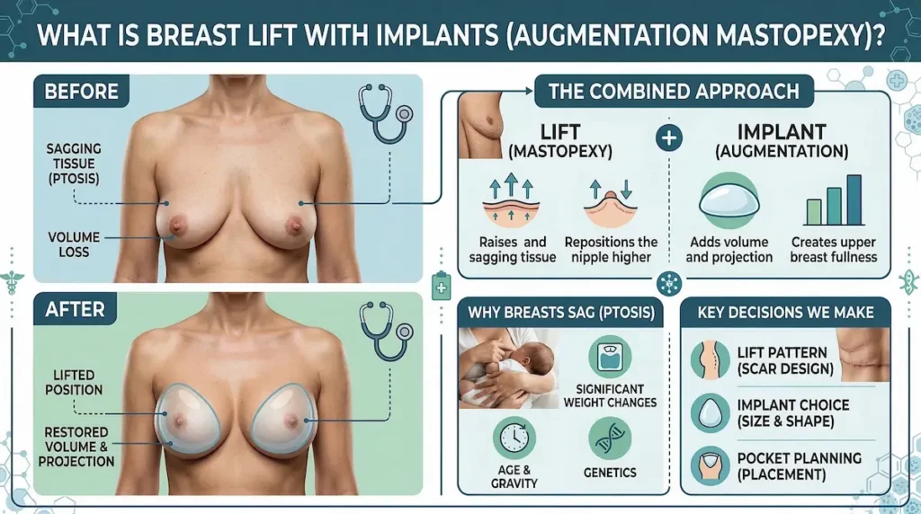 Infographic explaining breast lift with implants (augmentation mastopexy), showing before/after results, ptosis causes, and key surgical decisions.