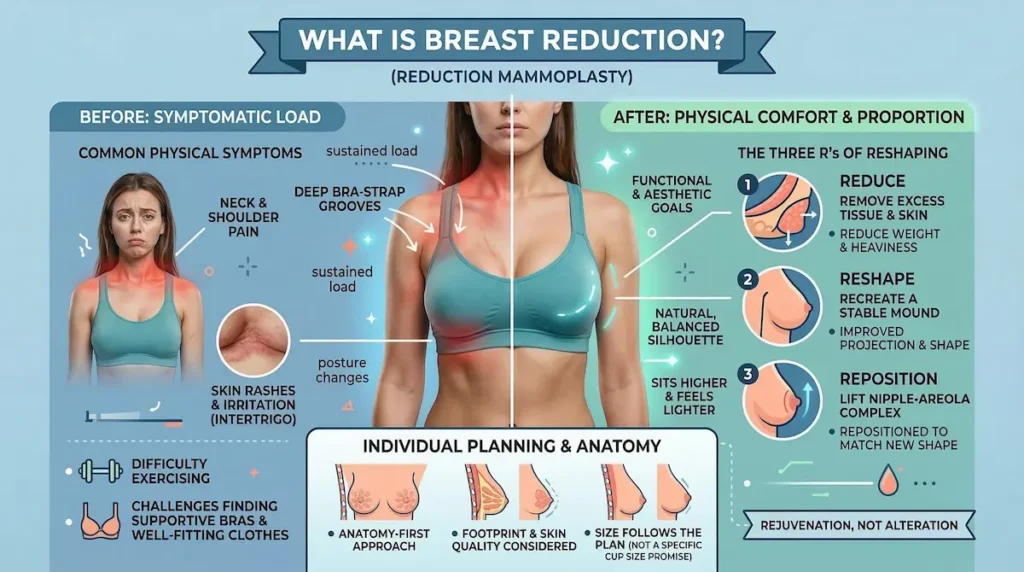 Breast Reduction surgery infographic explaining reduction mammoplasty, key symptoms, benefits, and the reduce–reshape–reposition steps.