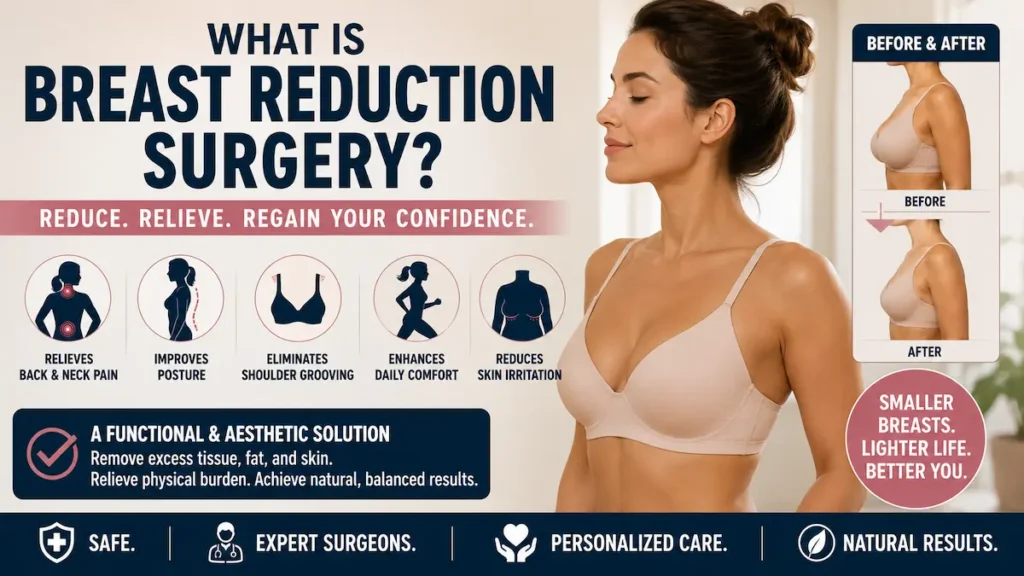 Breast reduction surgery infographic showing symptom relief, posture improvement, and natural breast reshaping results.