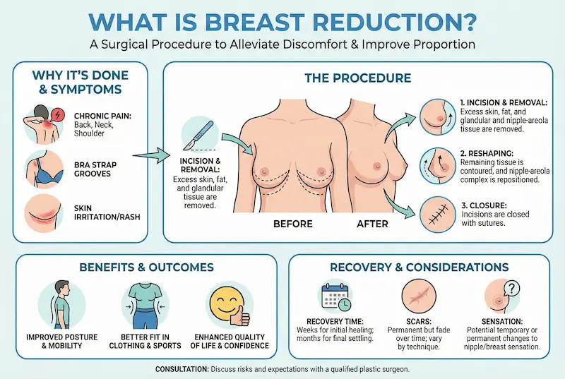 What is Breast Reduction? Infographic explaining symptoms, procedure steps, benefits, and recovery considerations.