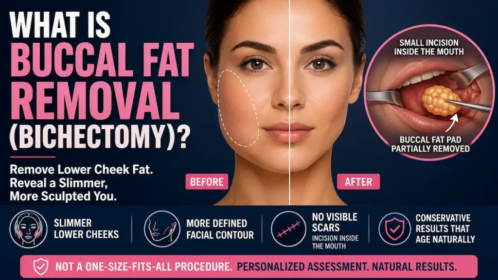 Buccal fat removal bichectomy infographic showing lower cheek fat reduction, intraoral incision, slimmer facial contour, and conservative natural results.