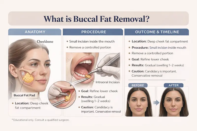 Buccal Fat Removal infographic explaining buccal fat pad anatomy, intraoral incision, and recovery timeline