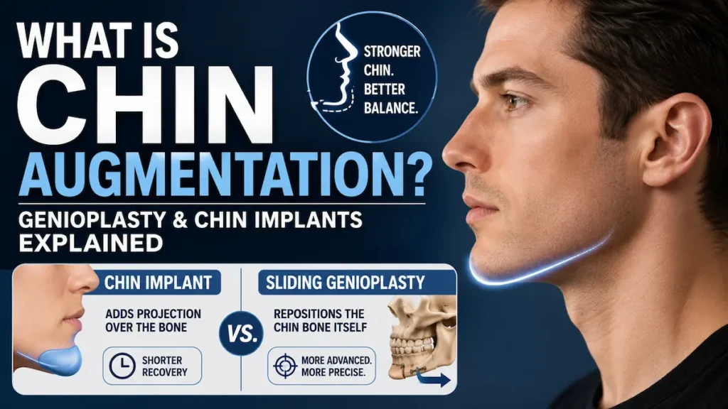 Chin augmentation infographic explaining chin implants and sliding genioplasty for stronger profile balance.