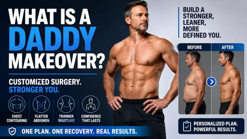 Daddy Makeover male body contouring in Turkey showing chest, abdomen, and waistline reshaping for Canadian men.