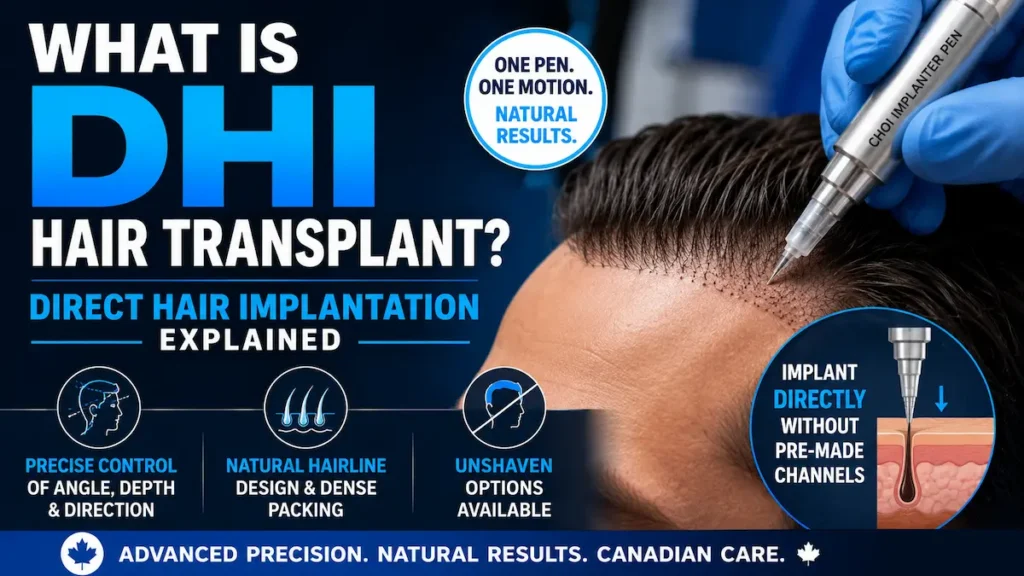 DHI hair transplant infographic showing a Choi Implanter Pen placing grafts with precise angle, depth, and natural hairline control.