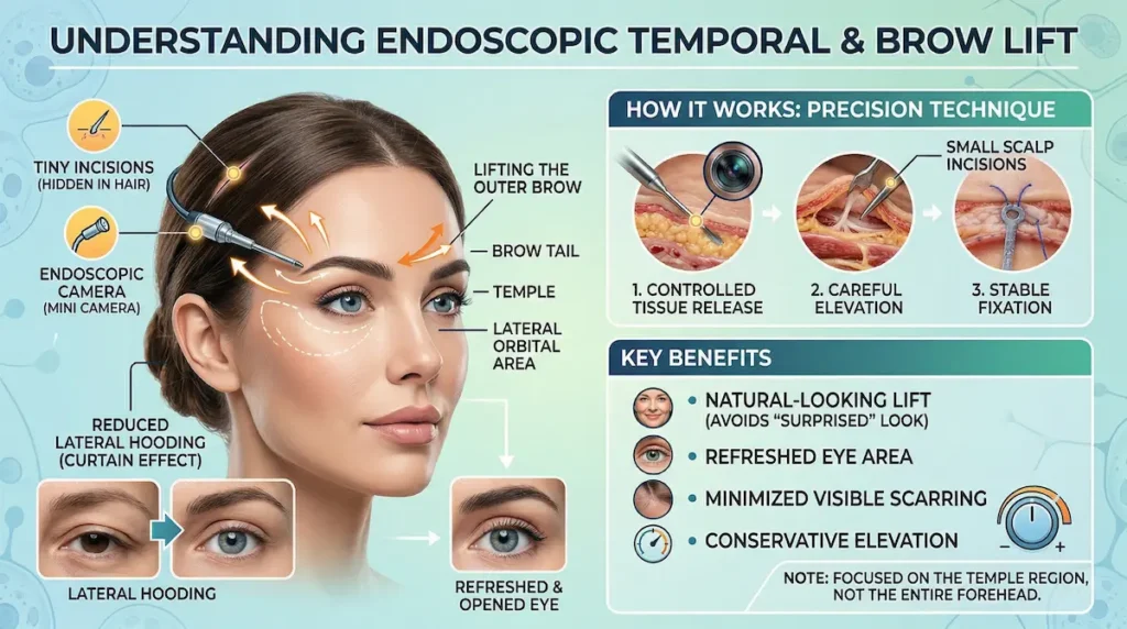 Endoscopic temporal brow lift diagram showing tiny scalp incisions, endoscopic camera guidance, and outer brow elevation.