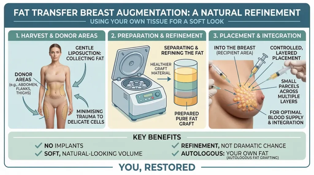 Fat Transfer Breast Augmentation infographic showing fat harvest, refinement, and layered placement for integration