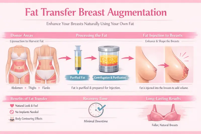 Fat Transfer Breast Augmentation infographic: harvest, purify, and inject fat to enhance breast contour naturally.