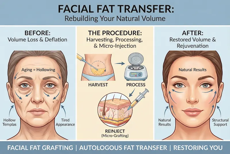 What is Fat Transfer to Face infographic showing before volume loss, harvest-process-reinject steps, and after restored volume.