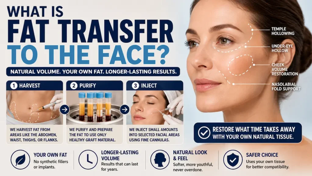 Fat transfer to the face infographic showing harvest, purification, injection, and facial volume restoration areas.